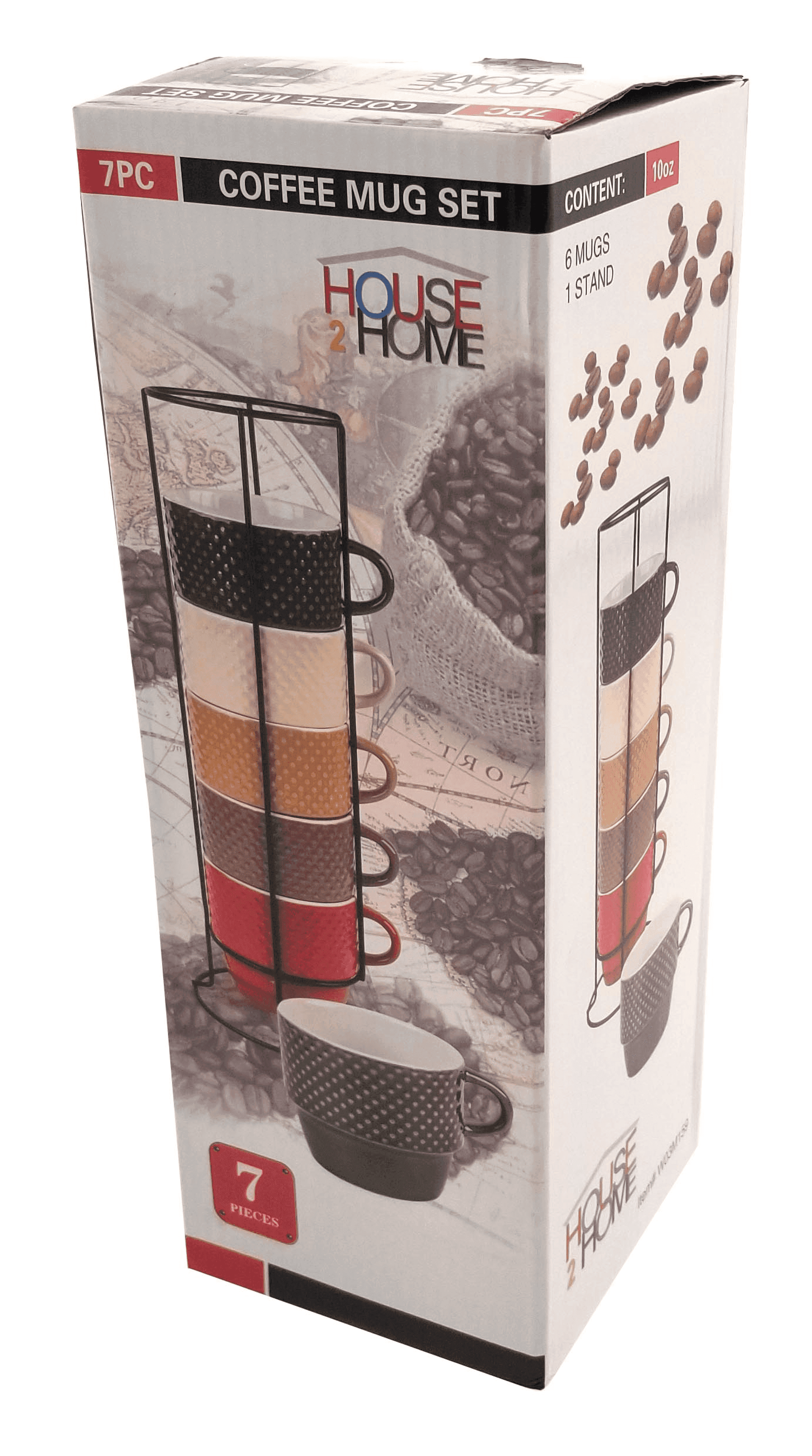 Coffee mug set package showing 7-piece stackable multicolor mugs with stand