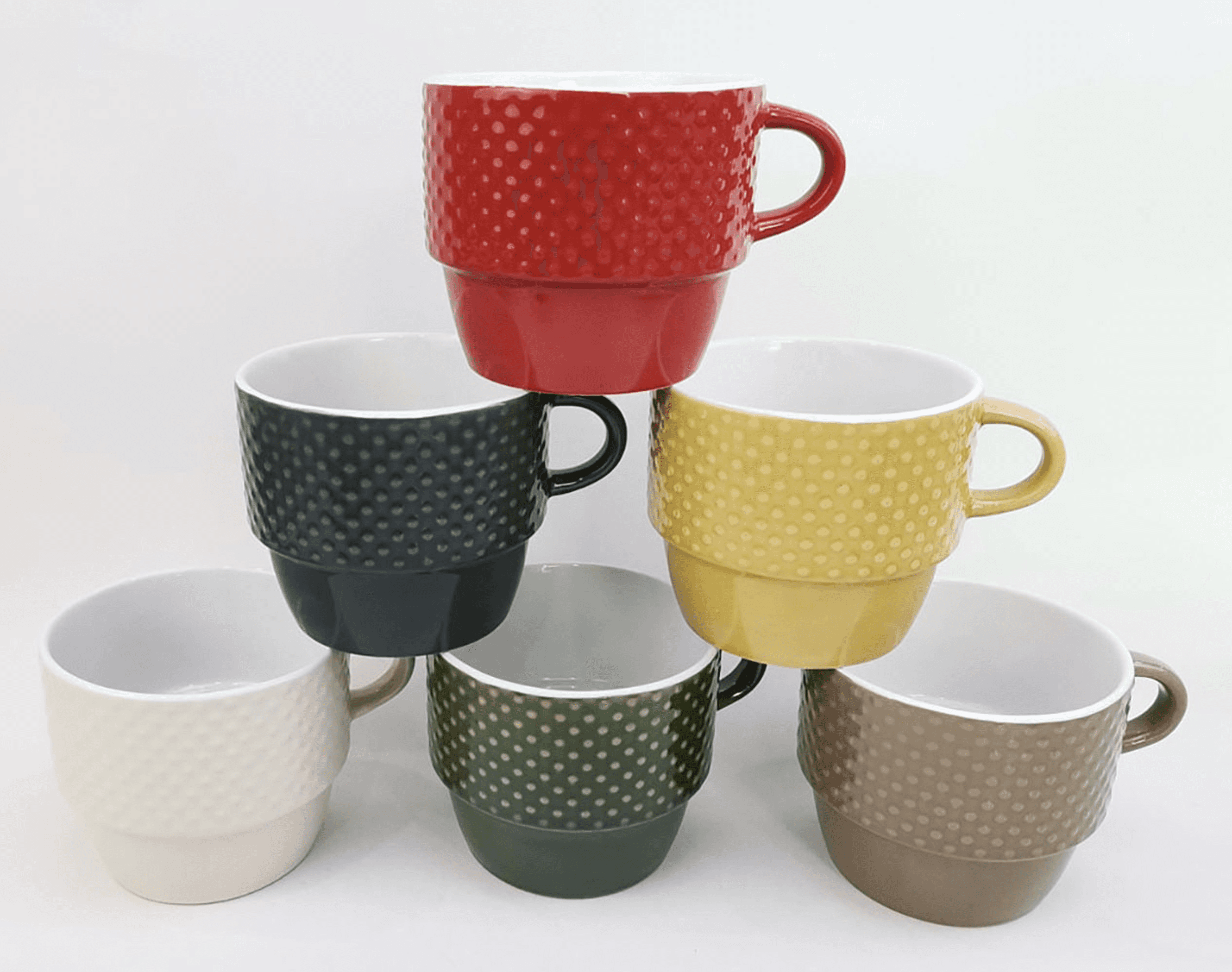 Multicolor stackable coffee mugs set, dotted cups in red, dark green, yellow, gray, beige