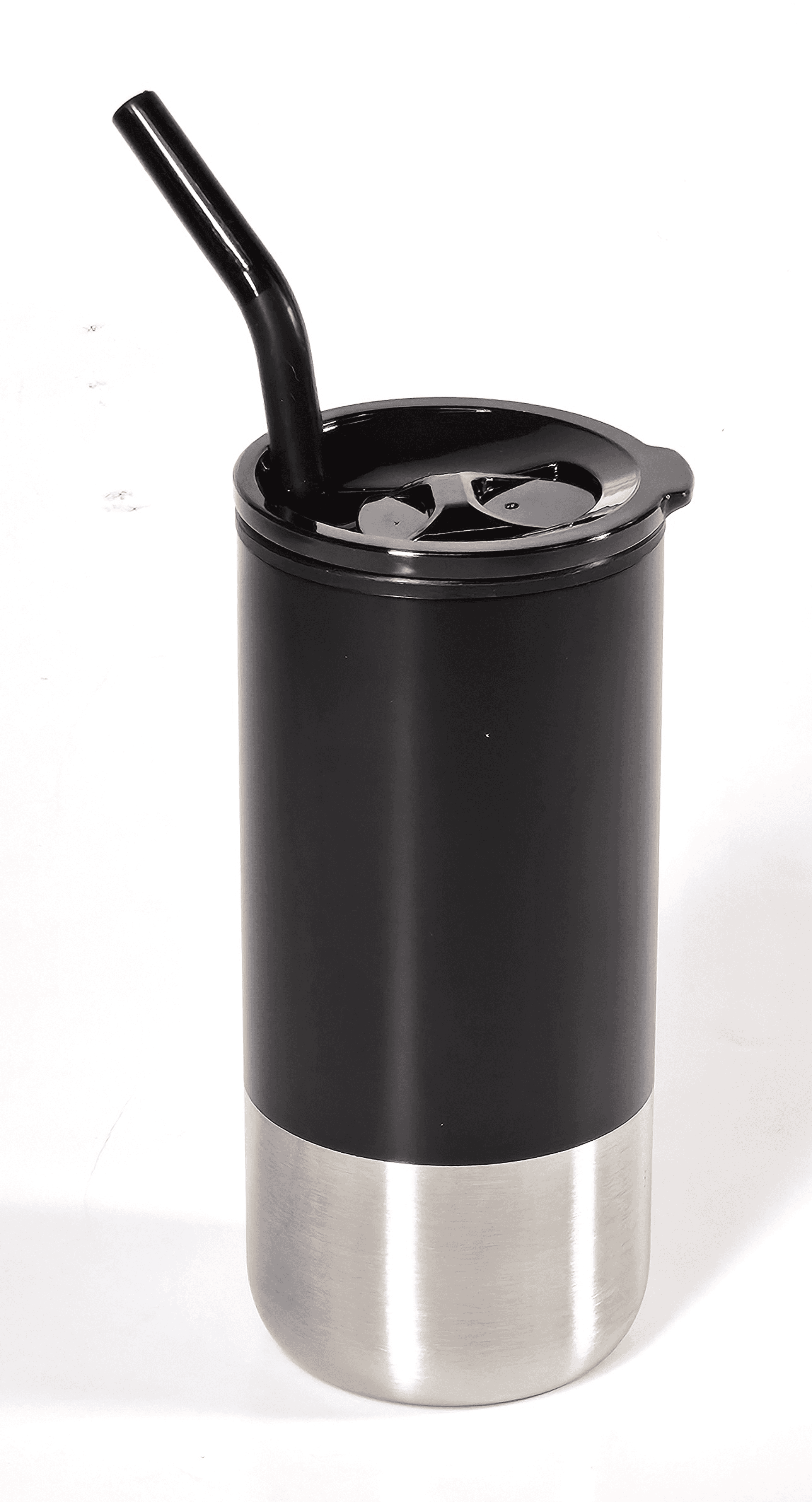 Black stainless steel insulated tumbler with black lid and black straw
