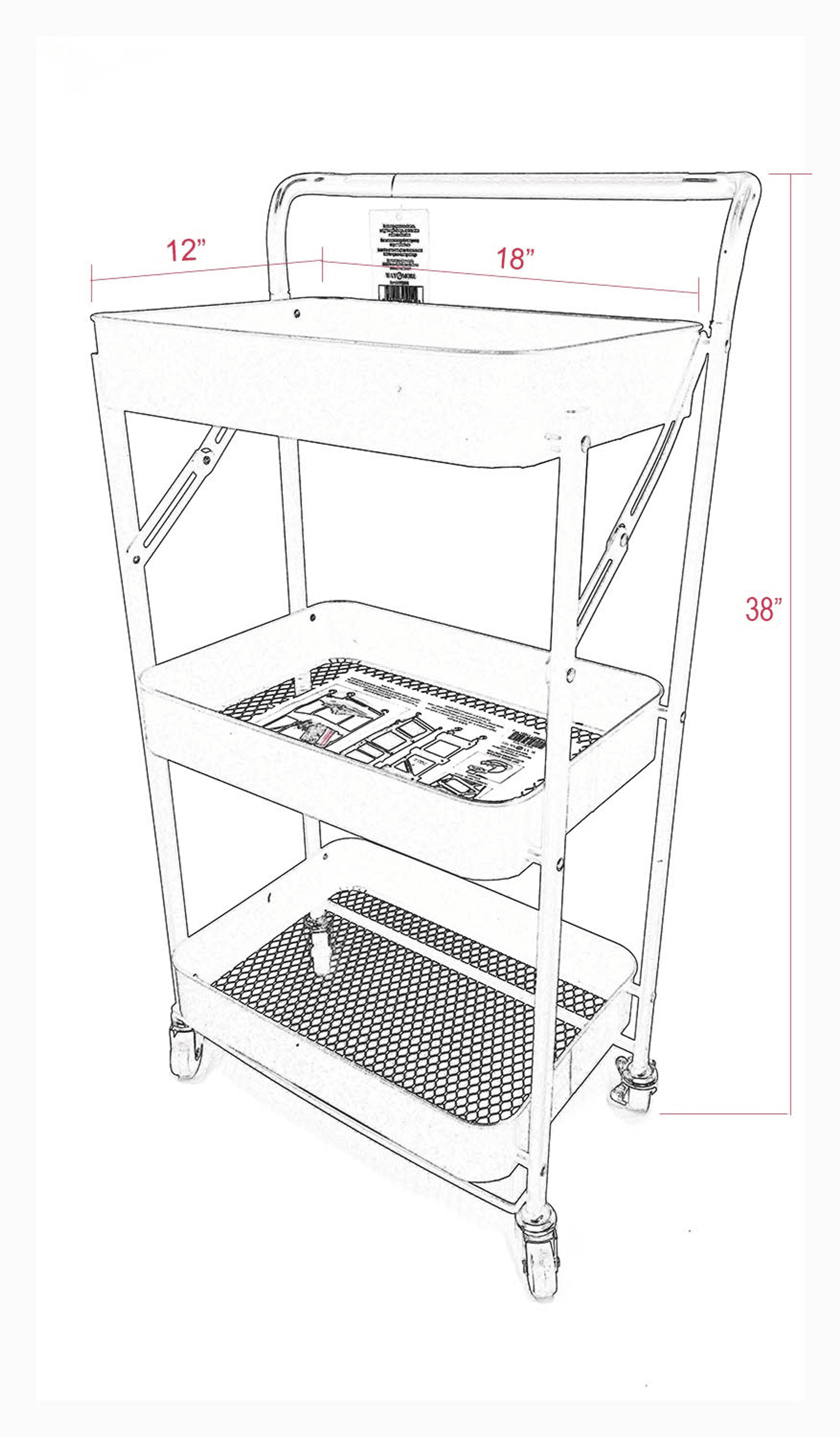 House2Home white 3-tier foldable rolling trolley diagram, mesh shelves, caster wheels, 38 in tall