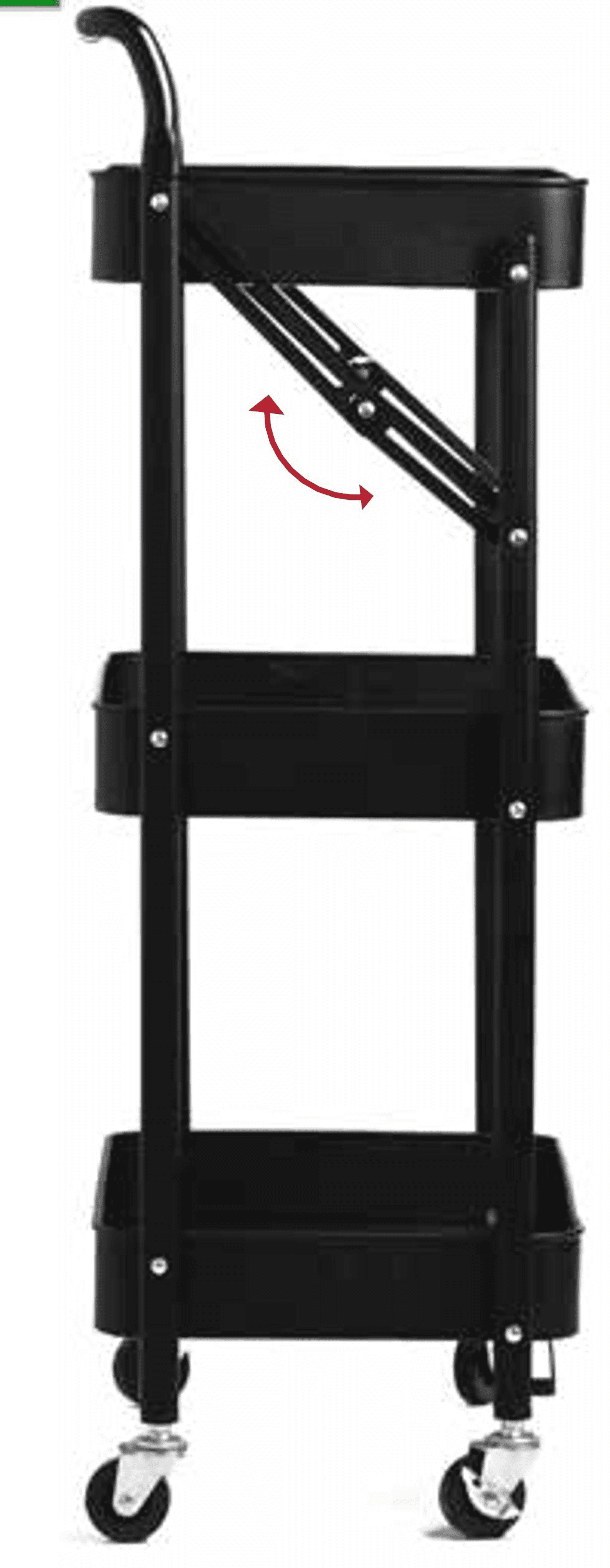 Black 3-tier foldable rolling trolley with mesh shelves and rolling caster feet