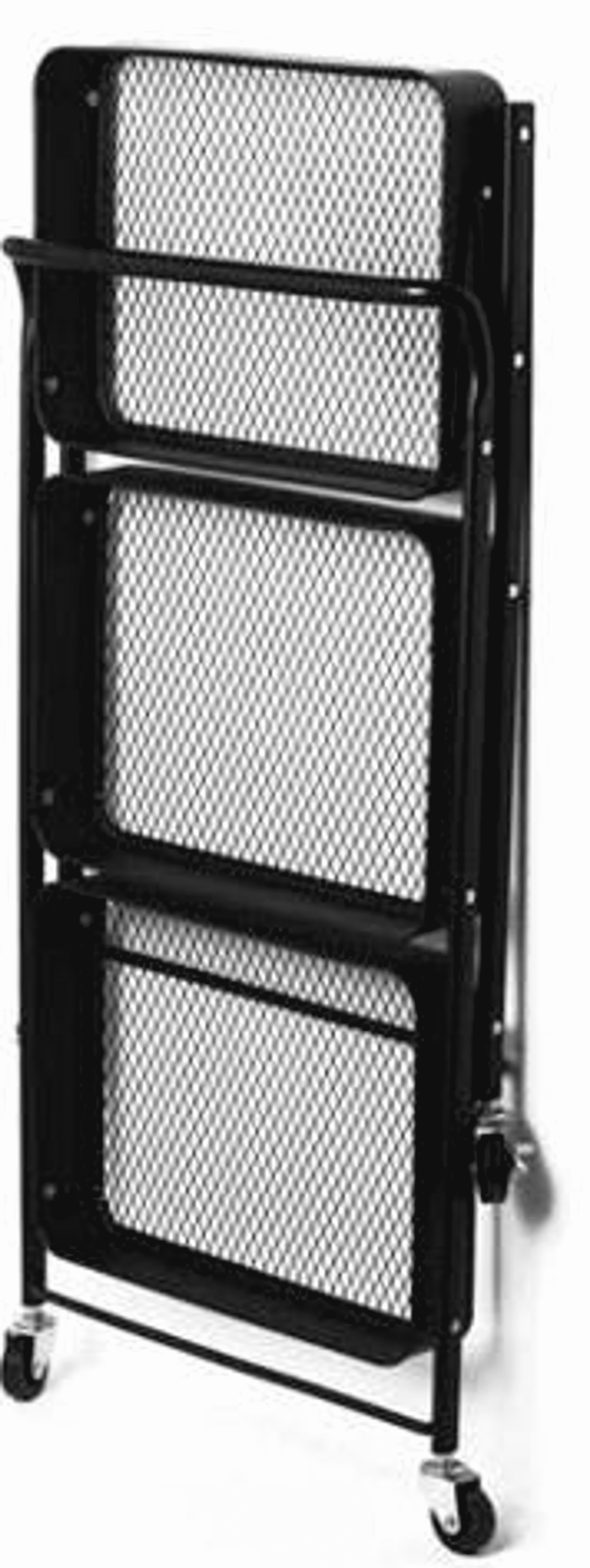 Black 3-tier foldable rolling trolley with three mesh panels and caster wheels