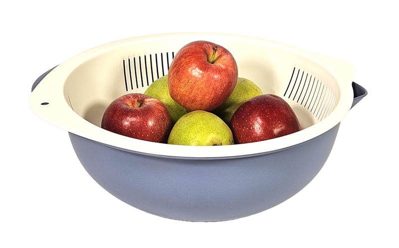 6-qt bowl and strainer set with ivory perforated insert, filled with apples