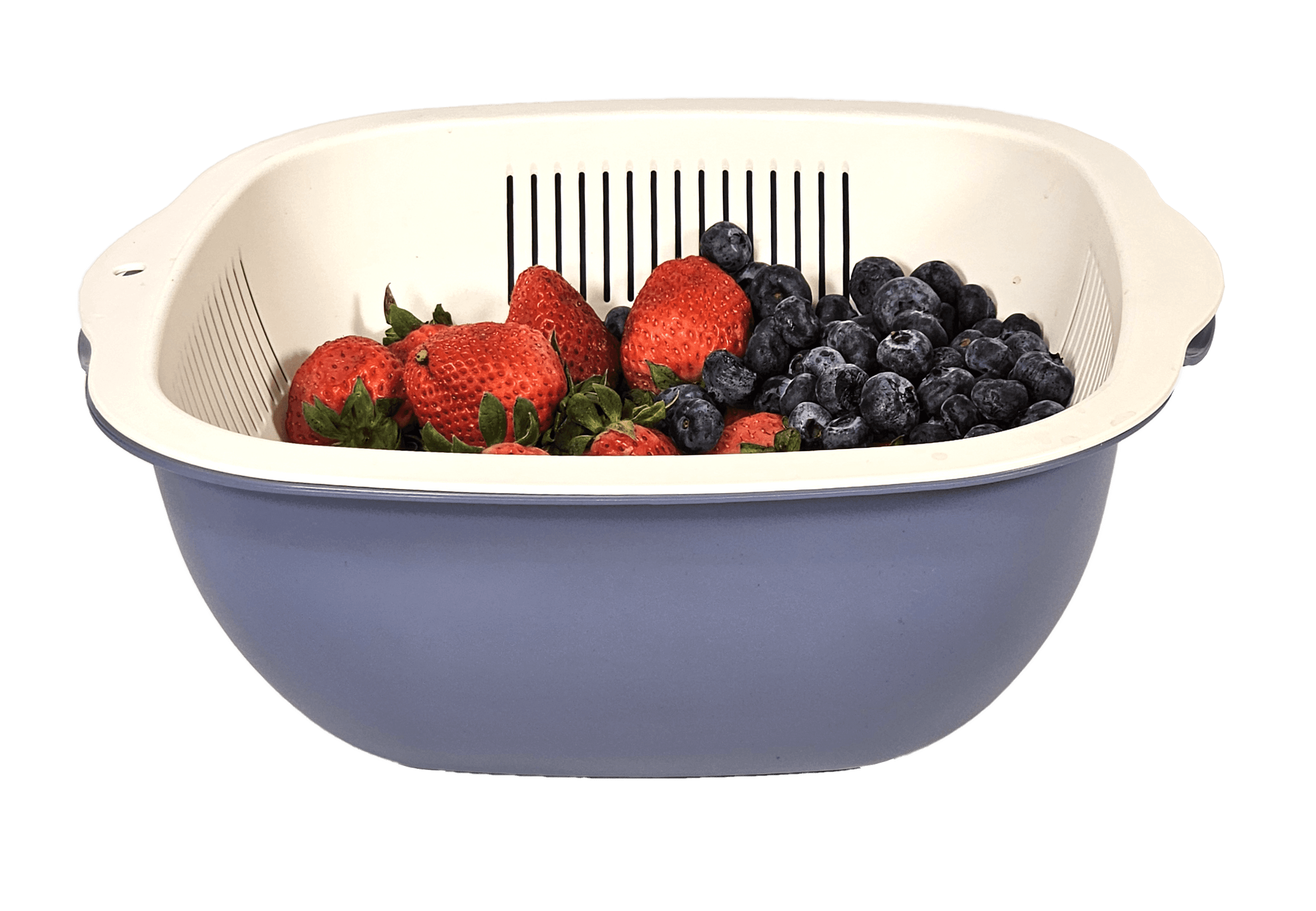 Blue 4.5-qt bowl with white strainer insert holding berries