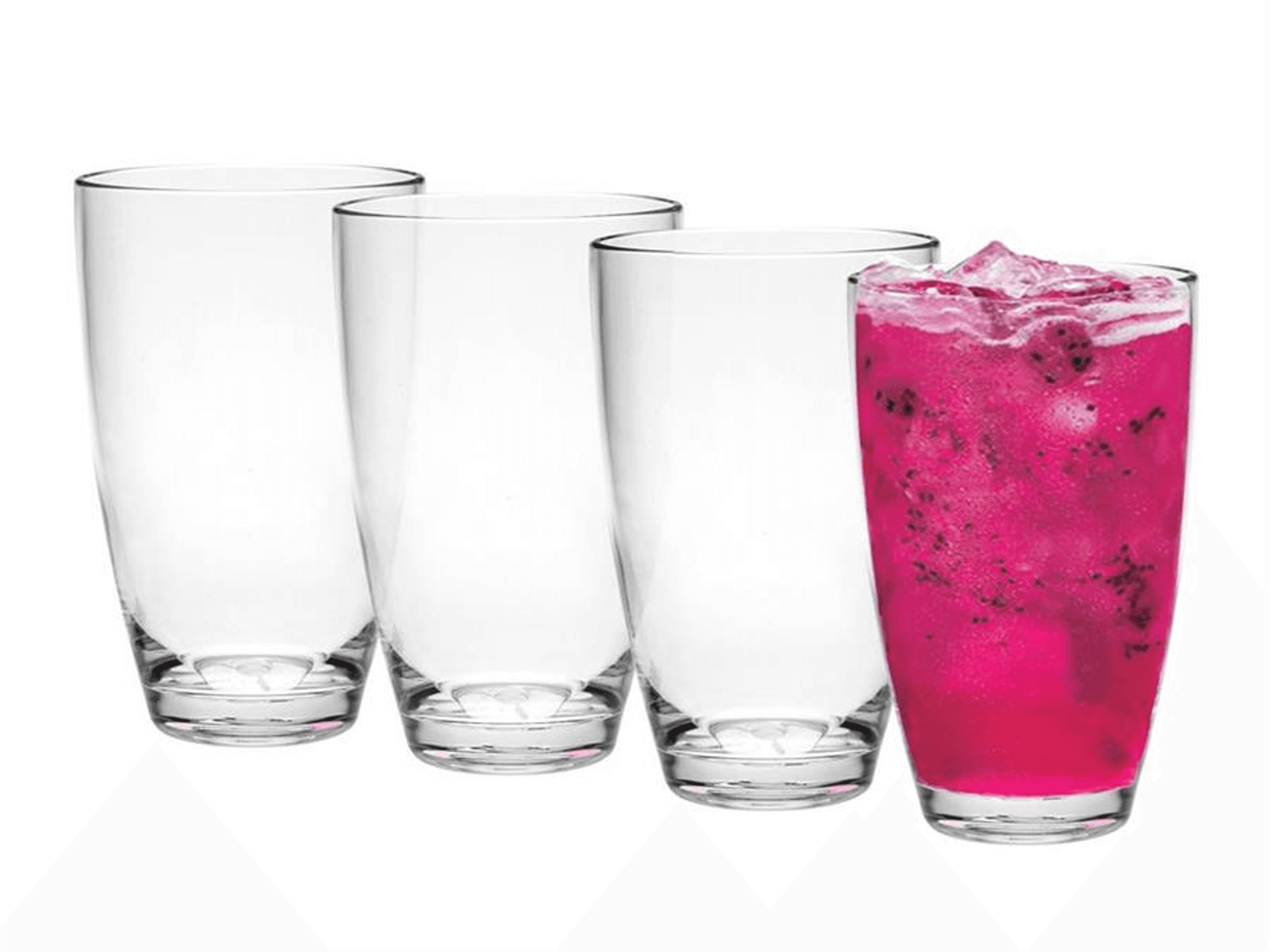 Set of 4 clear acrylic tumblers: three empty, one filled with pink drink and ice