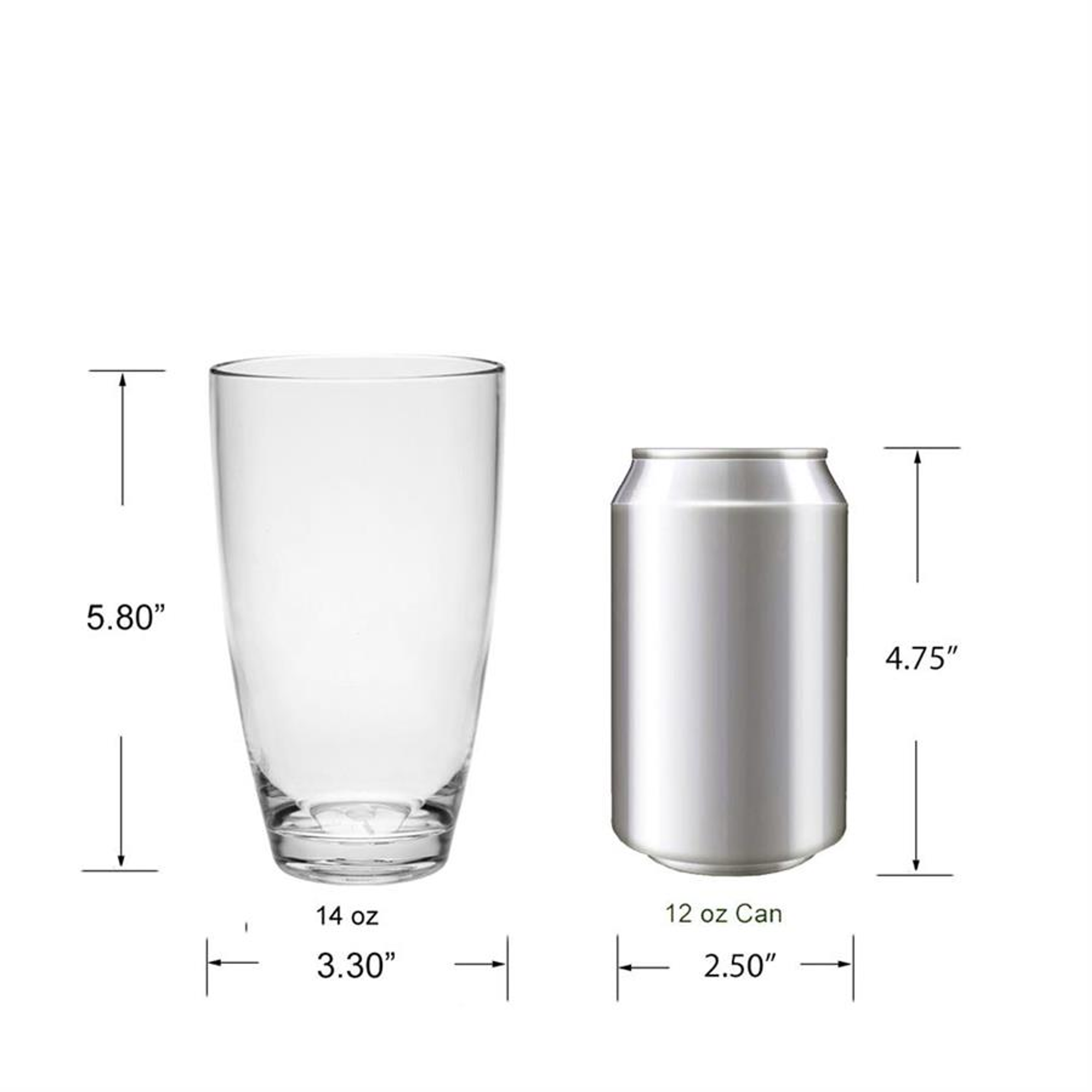 Clear acrylic highball tumbler showing height and width measurements