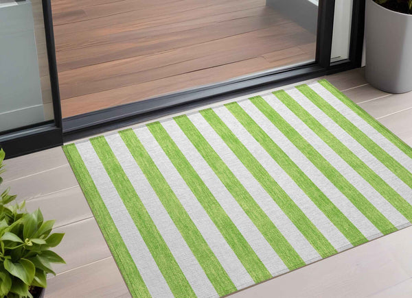 3' X 5' Lime Green and White Striped Washable Indoor Outdoor Area Rug
