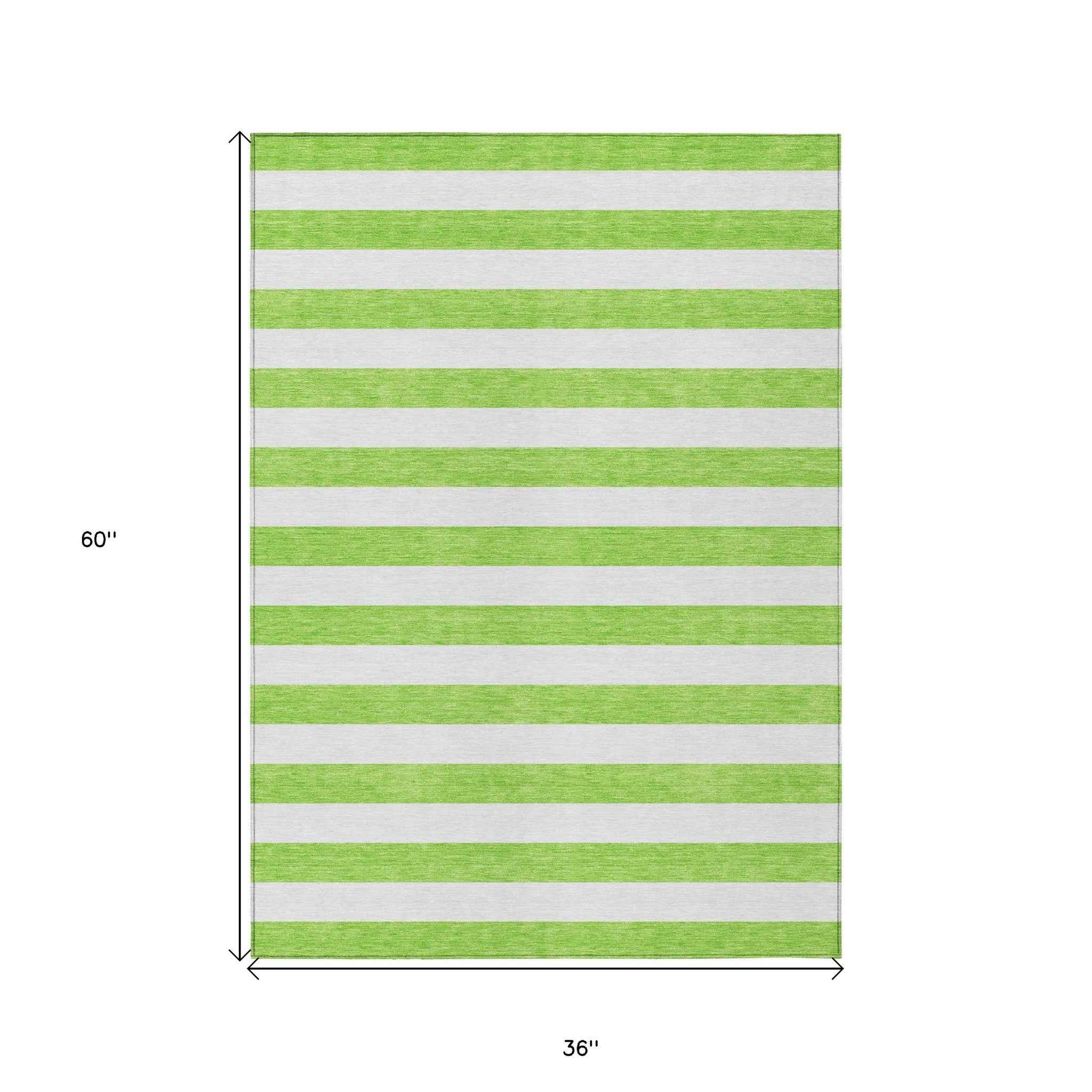 3' X 5' Lime Green and White Striped Washable Indoor Outdoor Area Rug