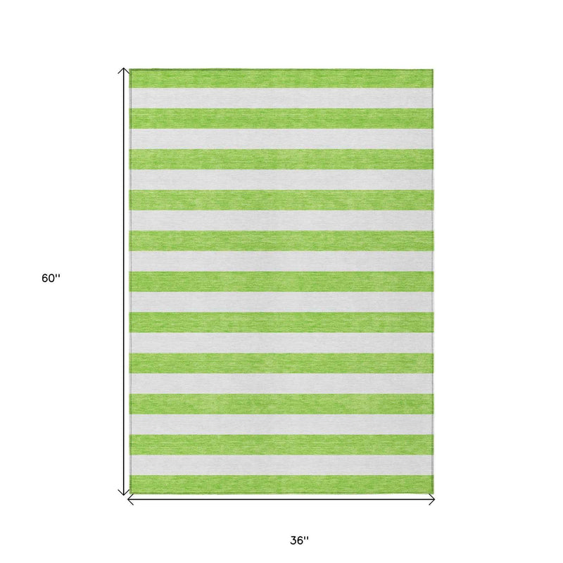 3' X 5' Lime Green and White Striped Washable Indoor Outdoor Area Rug