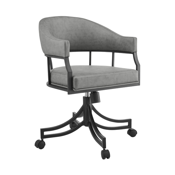 Gray And Black Upholstered Faux Leather Open Back Dining Arm Chair With Wheels - Kitchen & Dining