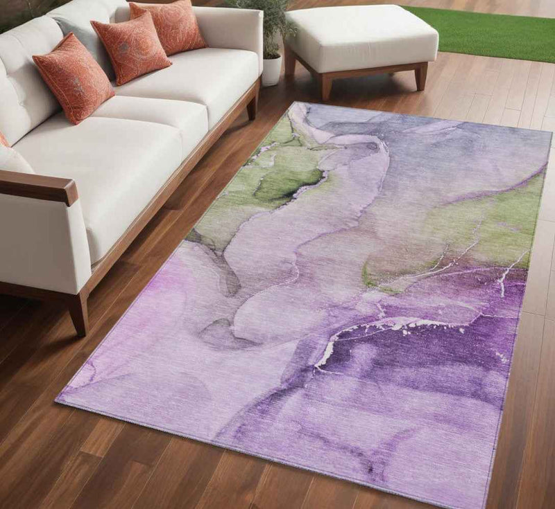 5' X 8' Purple and Green Abstract Washable Indoor Outdoor Area Rug