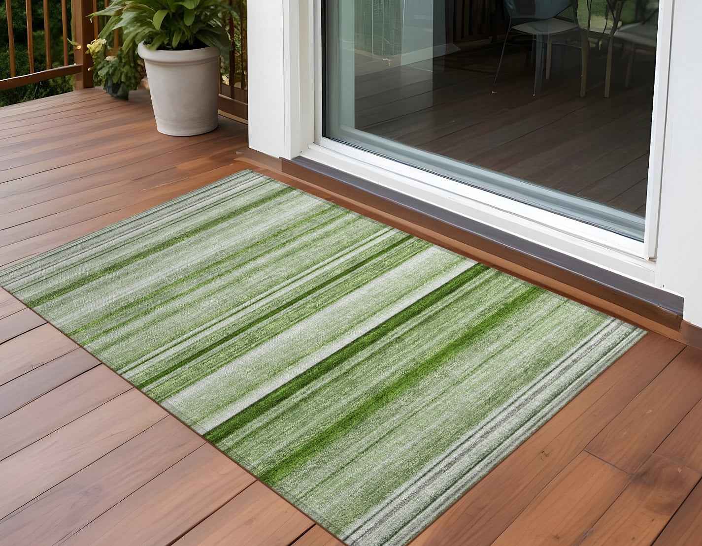 2' X 3' Artichoke Green Striped Washable Indoor Outdoor Area Rug