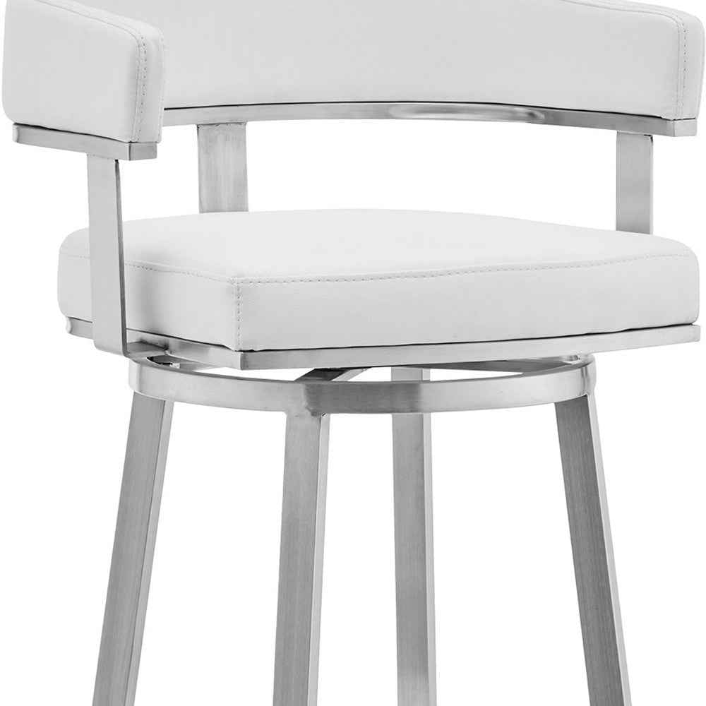 26" White And Silver Faux Leather And Stainless Steel Low Back Counter Height Swivel Bar Chair