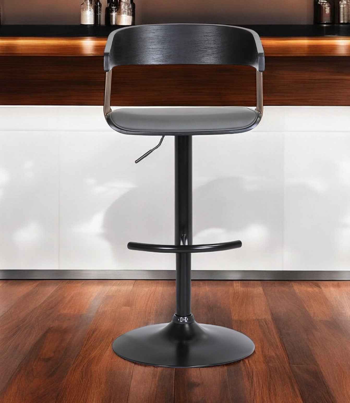 Gray and Black Faux Leather with Metal Swivel Adjustable Height Bar Chair