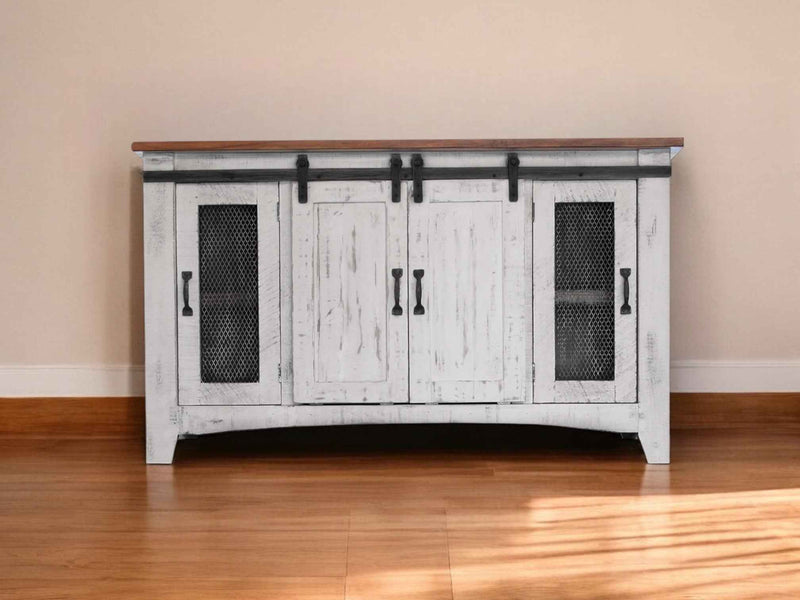 60" White Solid Wood Cabinet Enclosed Storage Distressed TV Stand