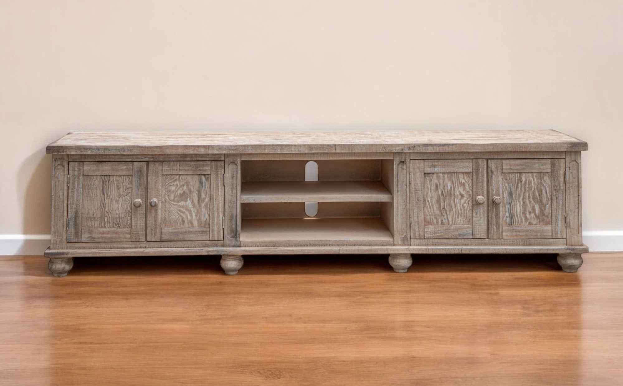 93" Desert Sand Solid Wood Cabinet Enclosed Storage Distressed TV Stand