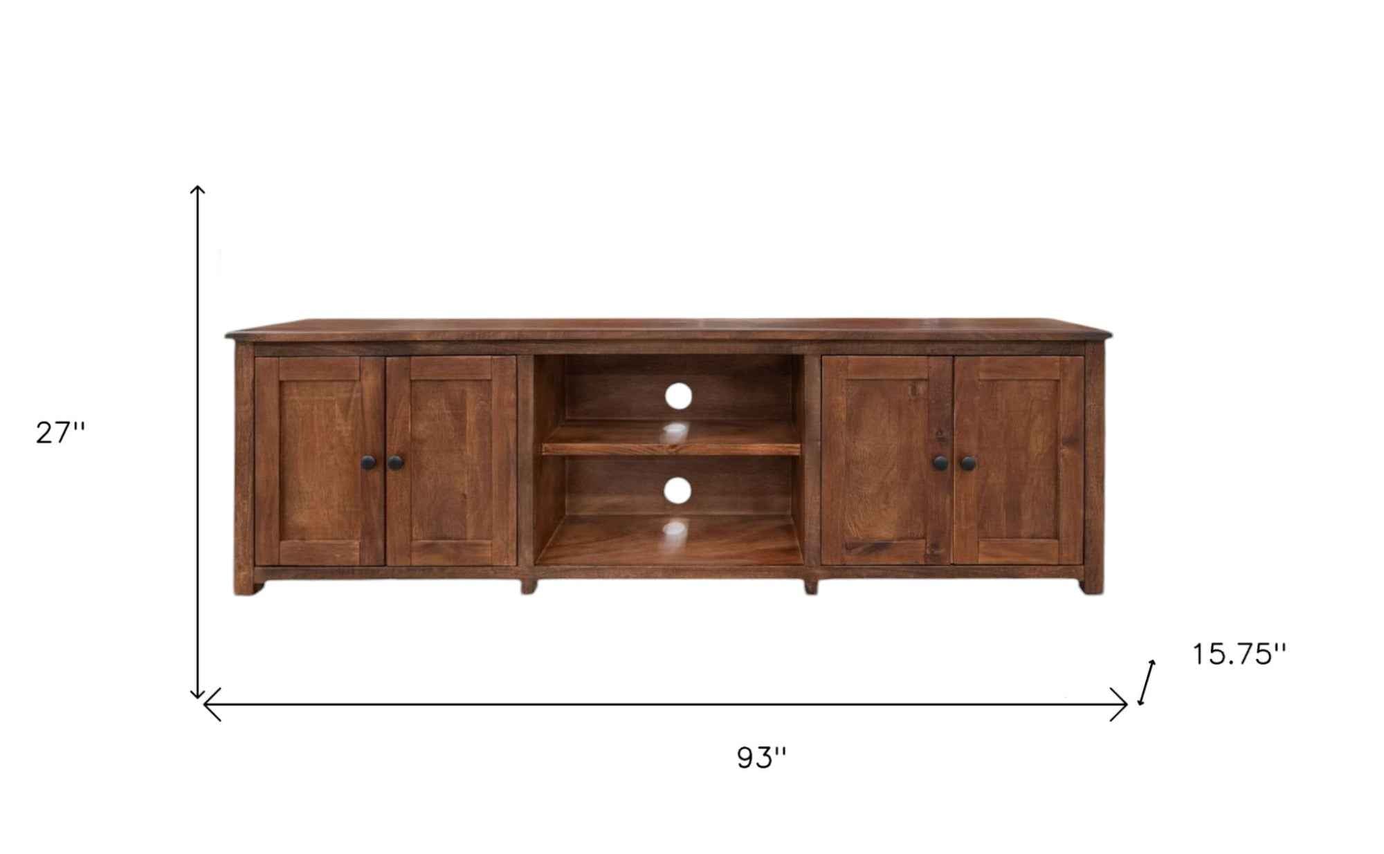 93" Brown Solid Wood Cabinet Enclosed Storage Distressed TV Stand