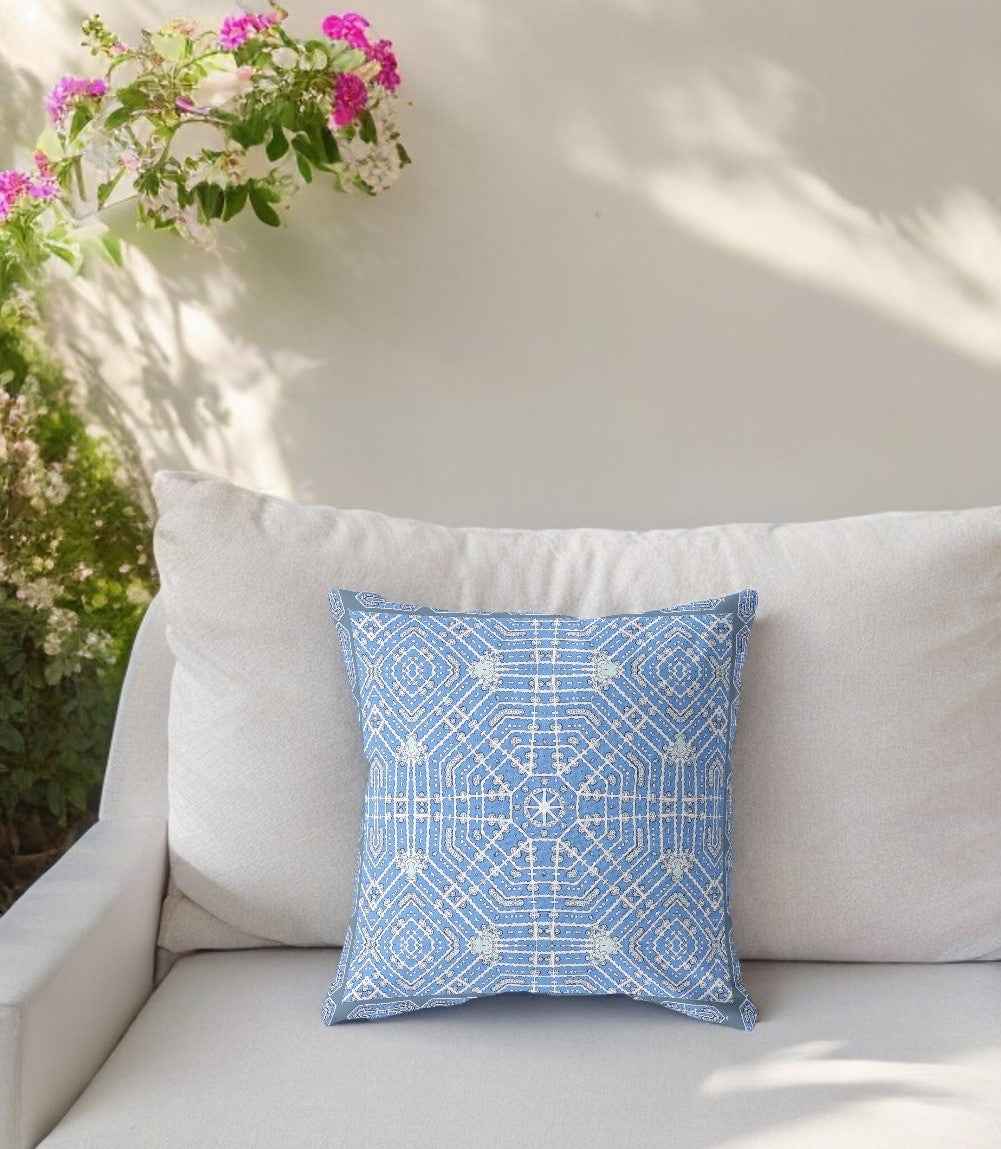 18” Blue White Geostar Indoor Outdoor Throw Pillow