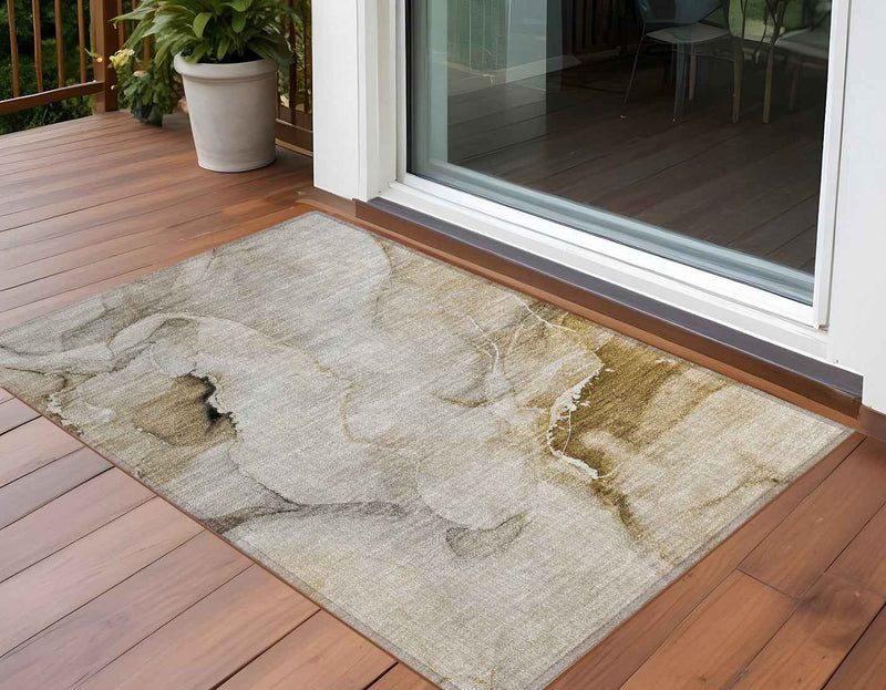 3' X 5' Beige and Brown Abstract Washable Indoor Outdoor Area Rug