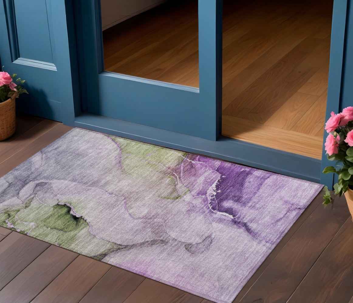 2' X 3' Purple and Green Abstract Washable Indoor Outdoor Area Rug