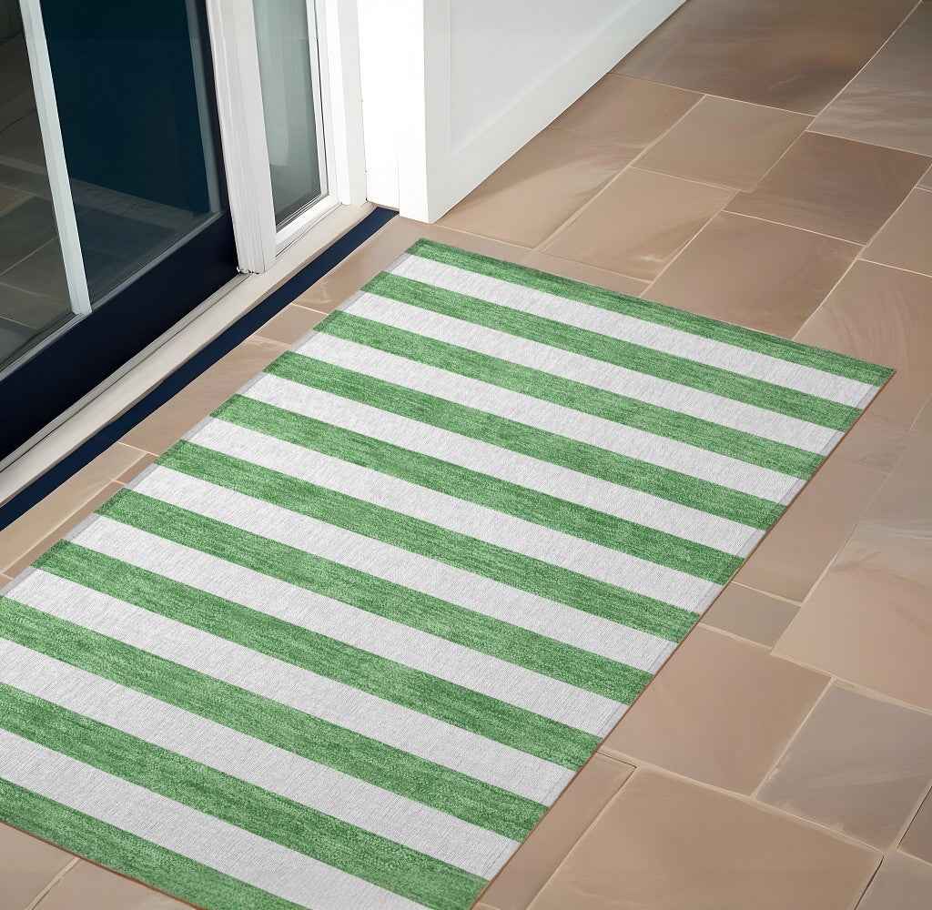 3' X 5' Green and White Striped Washable Indoor Outdoor Area Rug