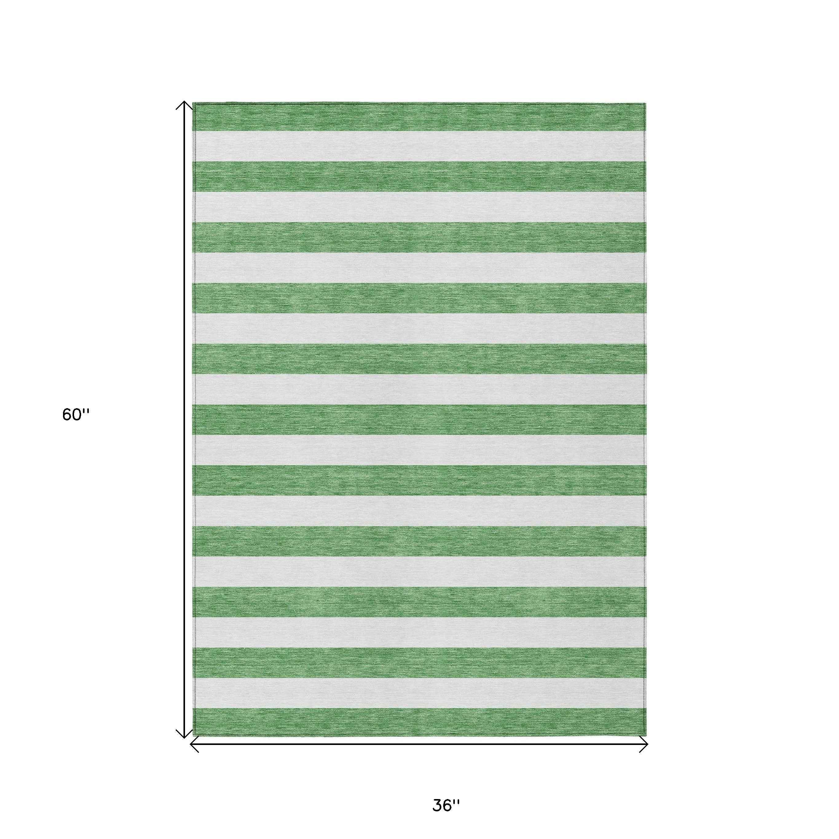 3' X 5' Green and White Striped Washable Indoor Outdoor Area Rug