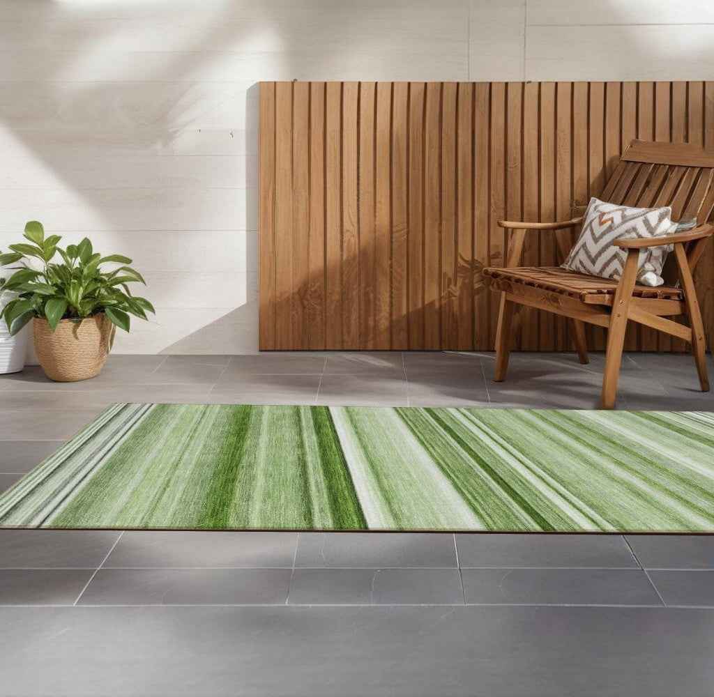 2' X 8' Artichoke Green Striped Washable Indoor Outdoor Runner Rug