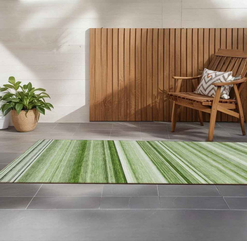 2' X 8' Artichoke Green Striped Washable Indoor Outdoor Runner Rug