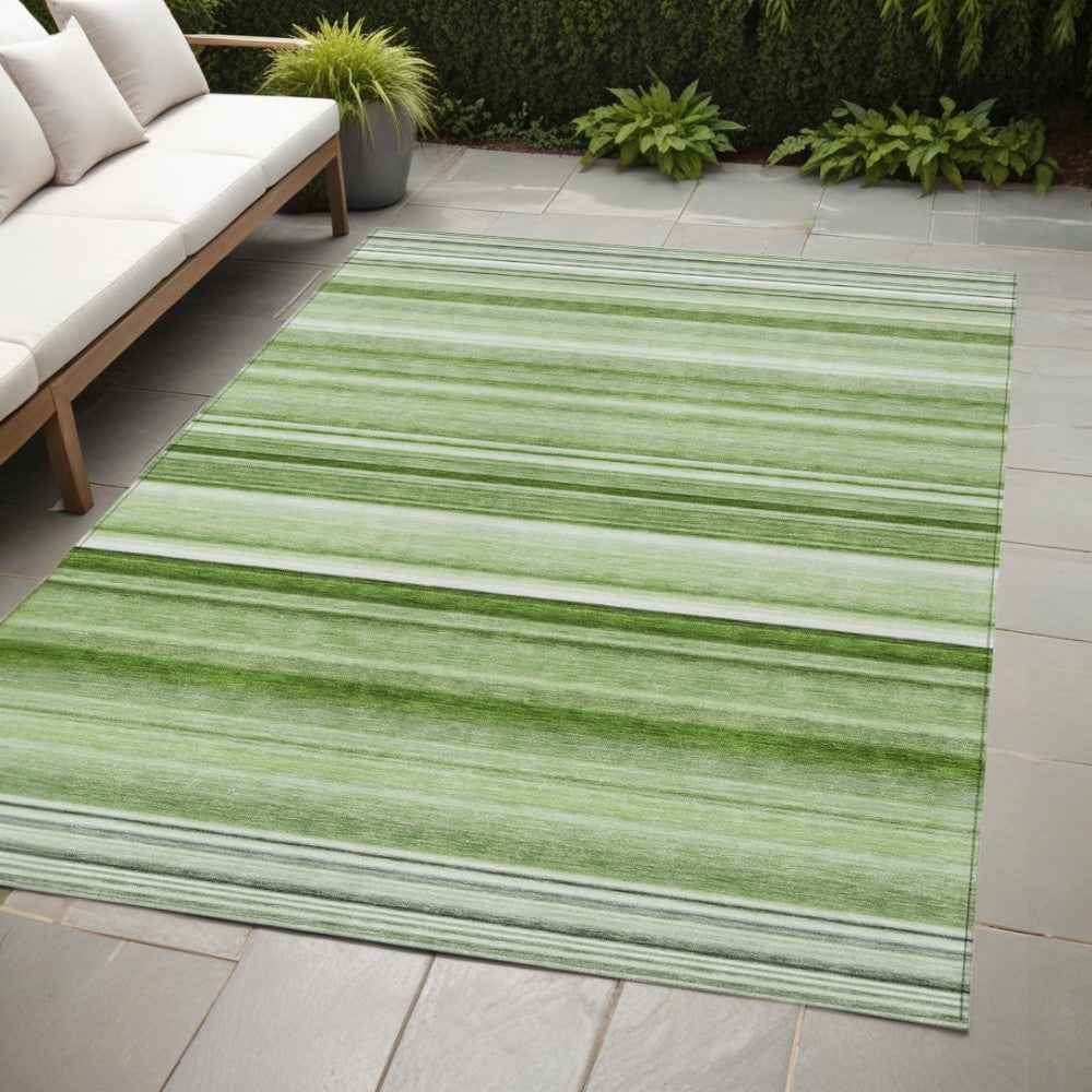 5' X 8' Artichoke Green Striped Washable Indoor Outdoor Area Rug