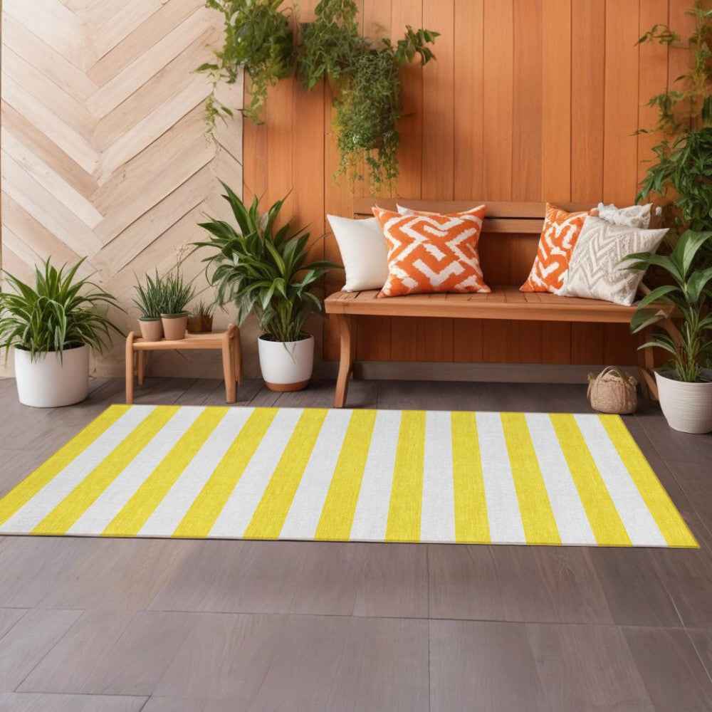 2' X 8' Yellow and White Striped Washable Indoor Outdoor Runner Rug