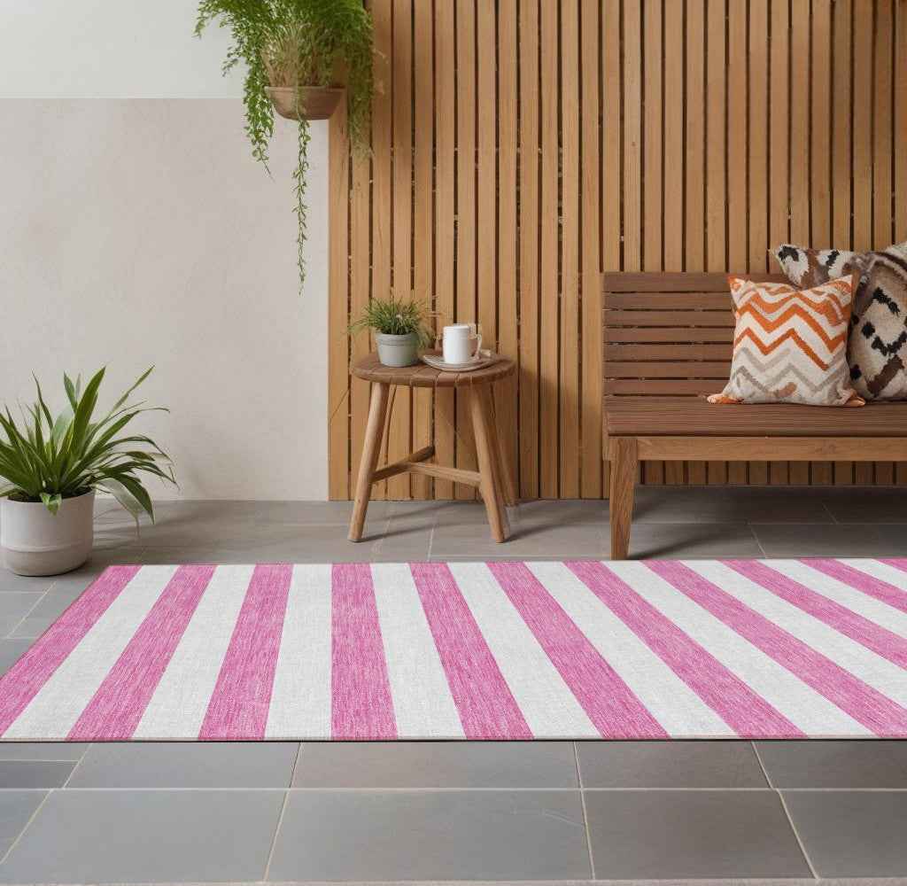2' X 8' Pink and White Striped Washable Indoor Outdoor Runner Rug