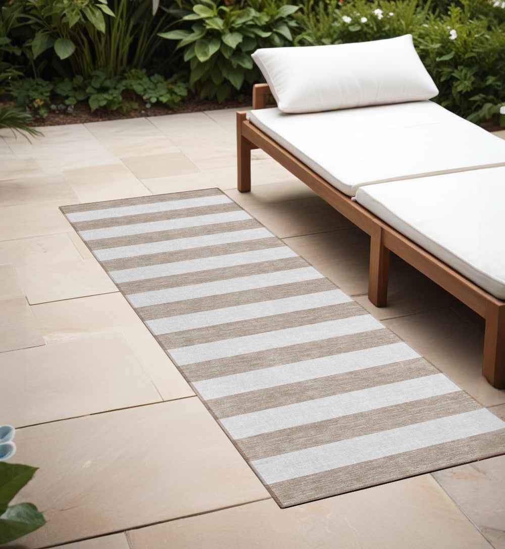 2' X 8' Taupe and White Striped Washable Indoor Outdoor Runner Rug