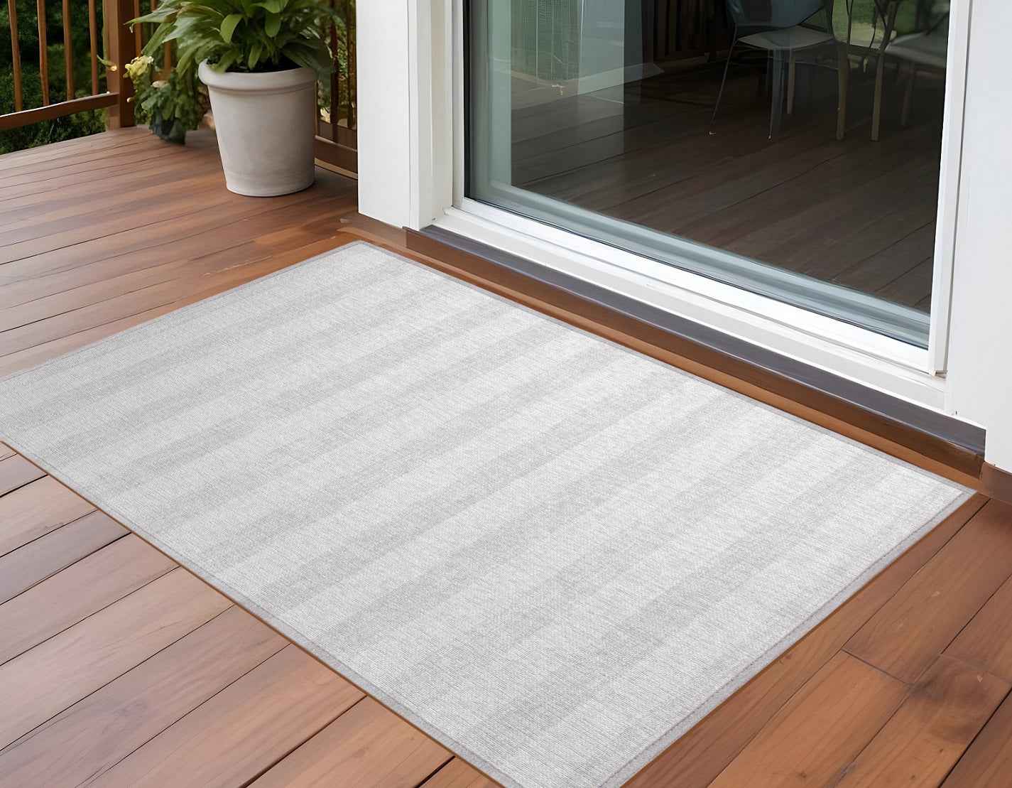 3' X 5' Ivory Striped Washable Indoor Outdoor Area Rug