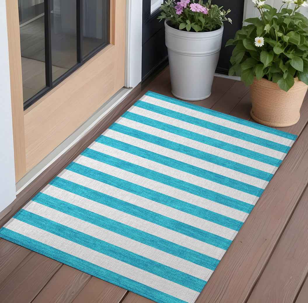 3' X 5' Teal and White Striped Washable Indoor Outdoor Area Rug
