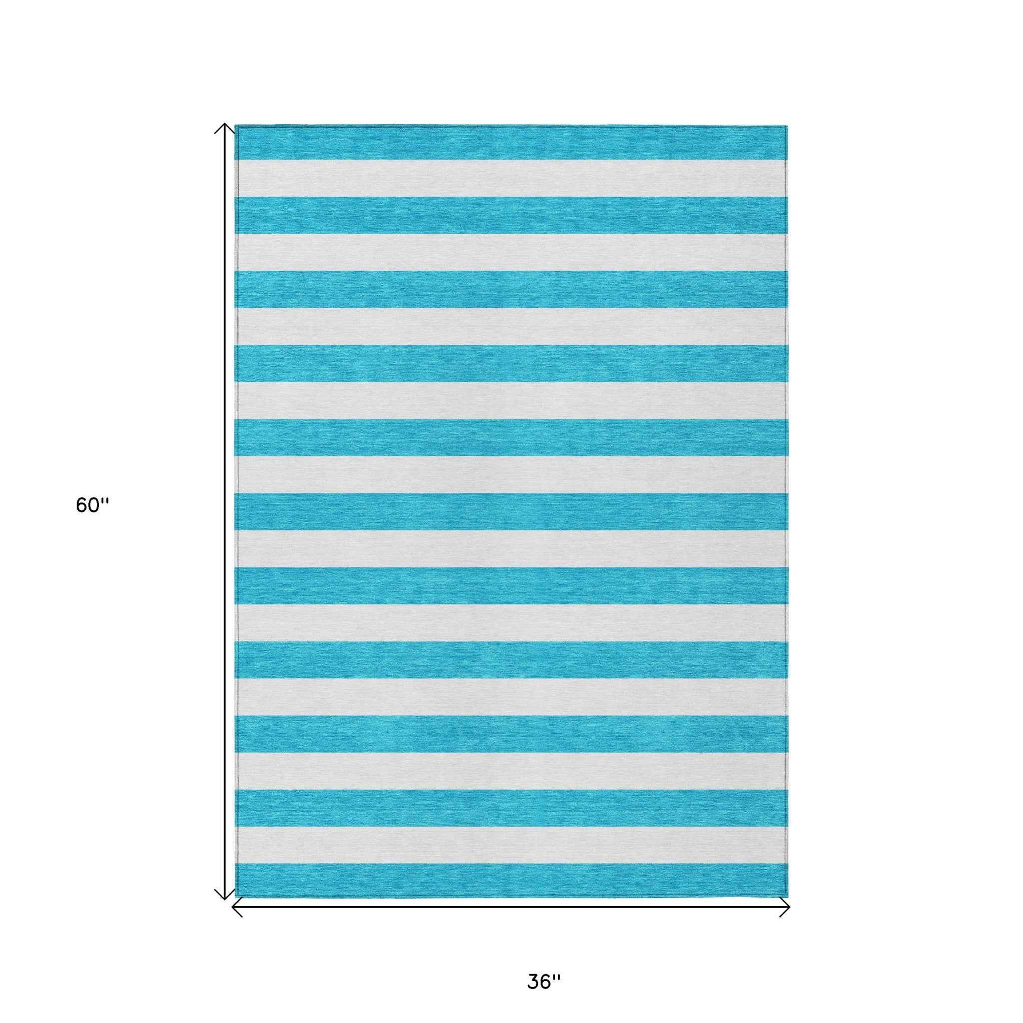 3' X 5' Teal and White Striped Washable Indoor Outdoor Area Rug