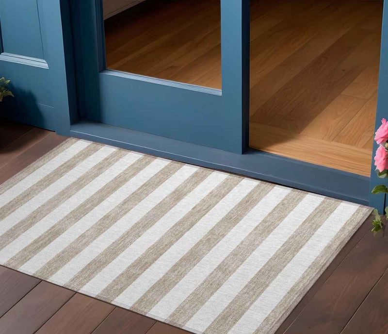 2' X 3' Taupe and White Striped Washable Indoor Outdoor Area Rug