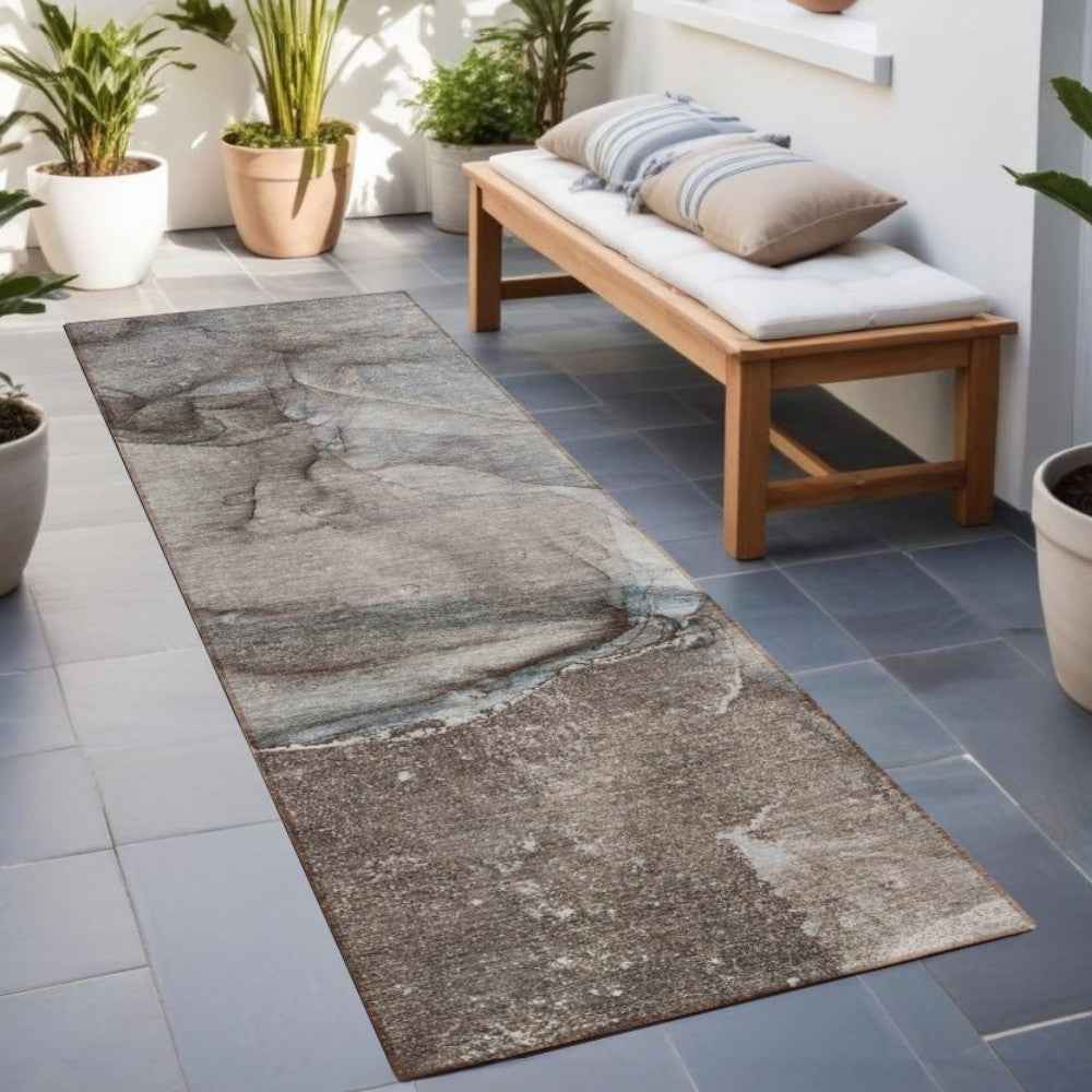 2' X 8' Taupe Abstract Washable Indoor Outdoor Runner Rug