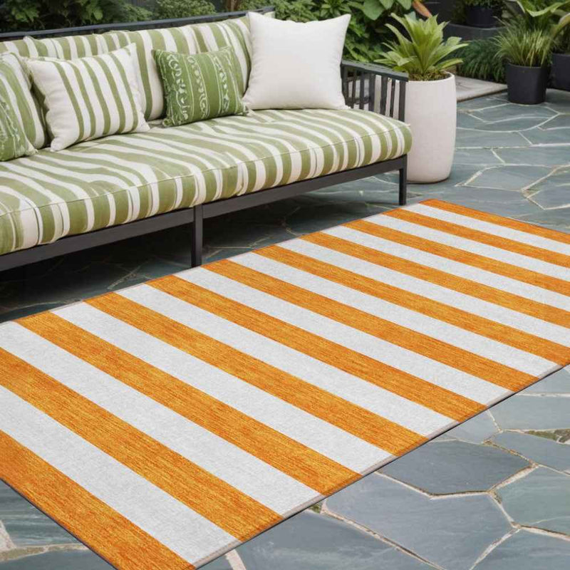2' X 8' Orange and White Striped Washable Indoor Outdoor Runner Rug
