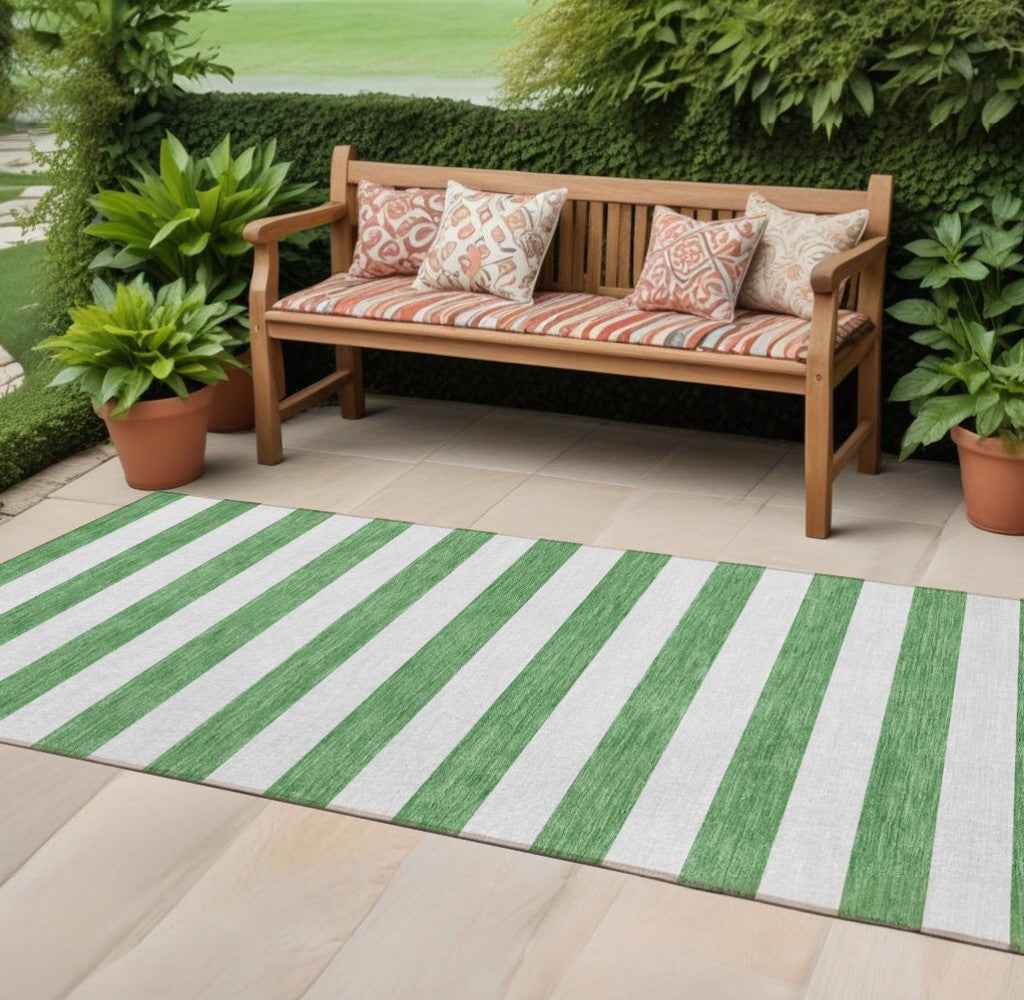 2' X 8' Green and White Striped Washable Indoor Outdoor Runner Rug