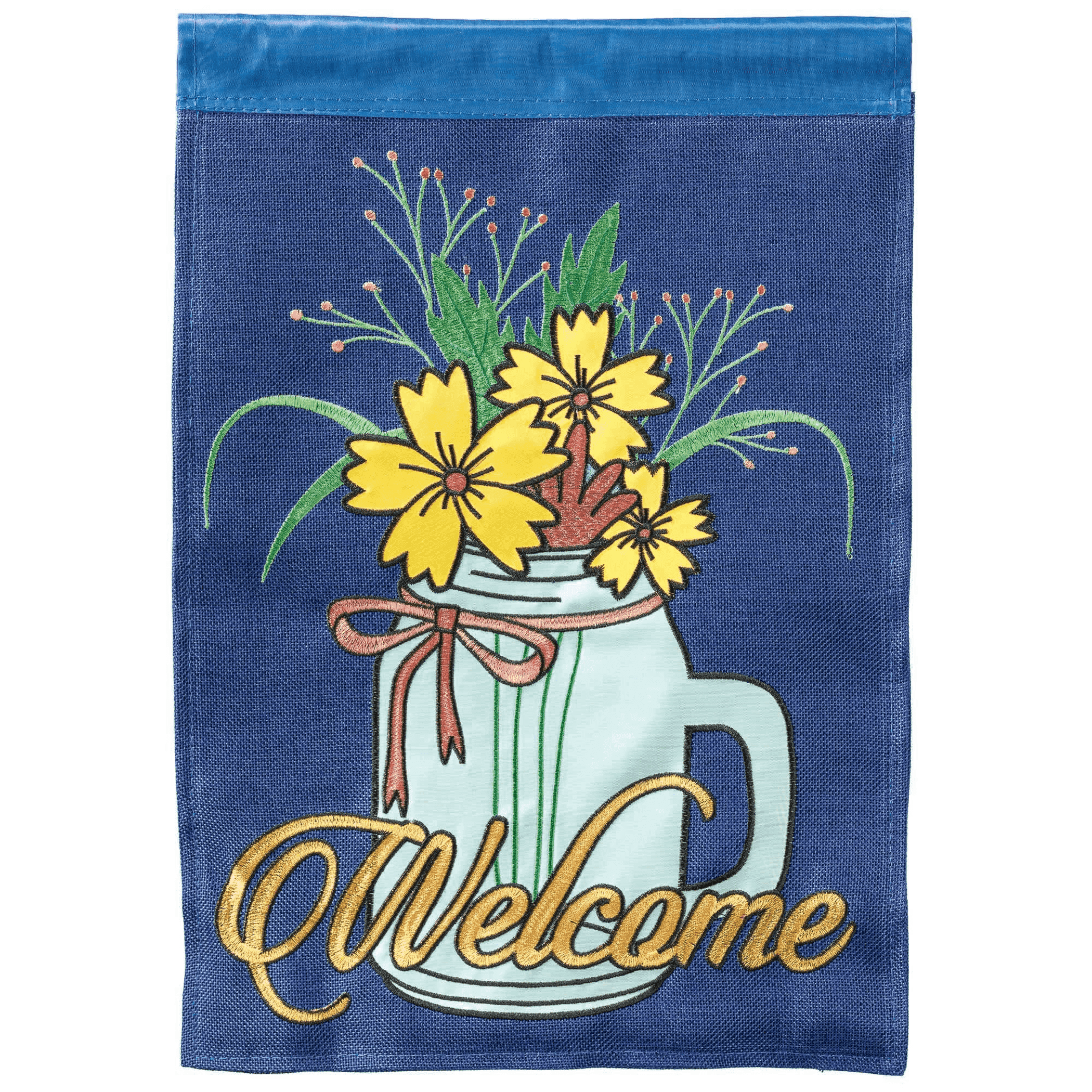 Blue burlap yard flag with floral jar design and gold script 'Welcome'