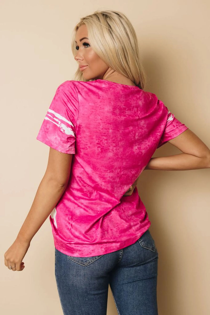 Pink tie-dyed back T-shirt with white stripe on short sleeve