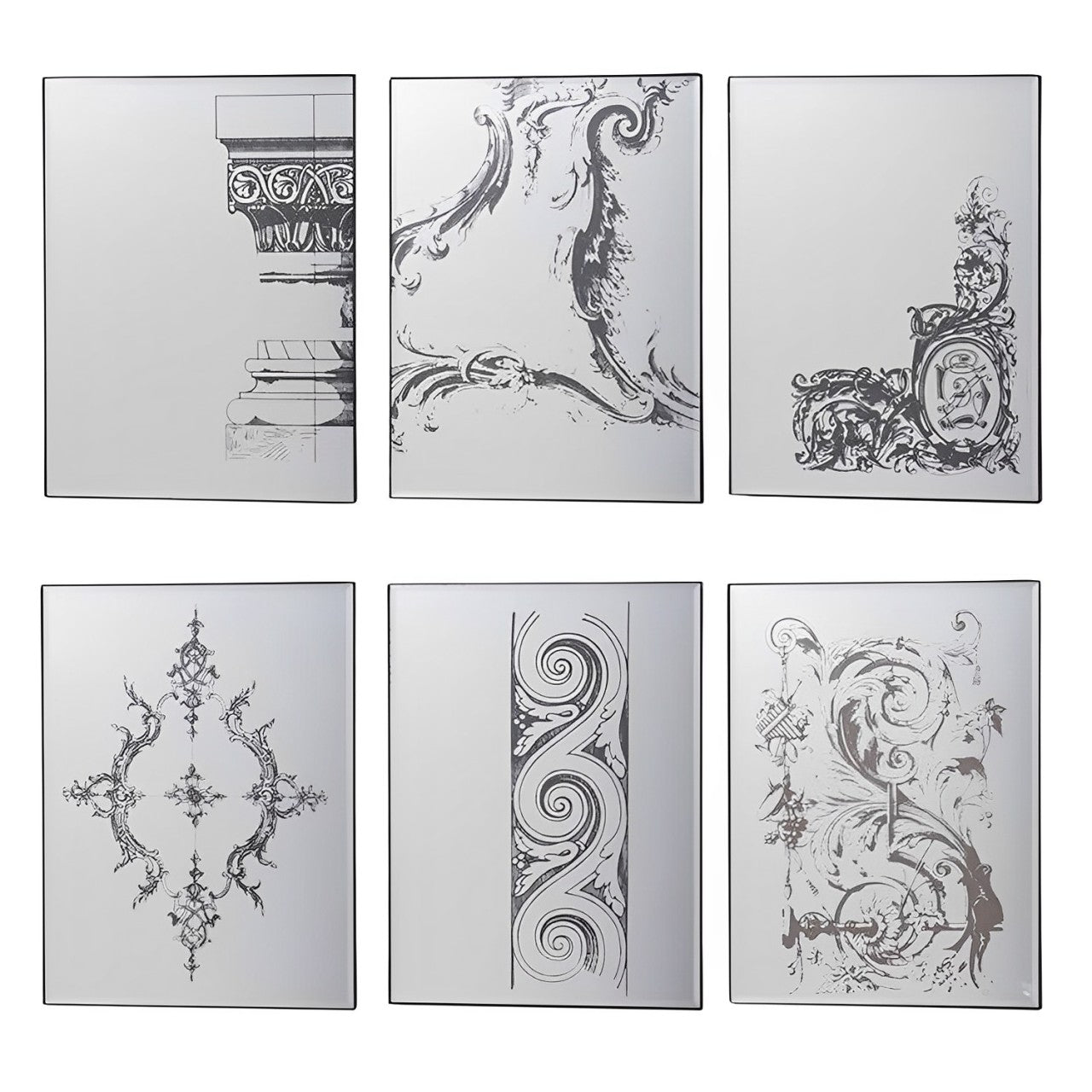 Set of Six Decorative Antiqued Glass Black Metal Framed Mirror Set - Bed & Bath