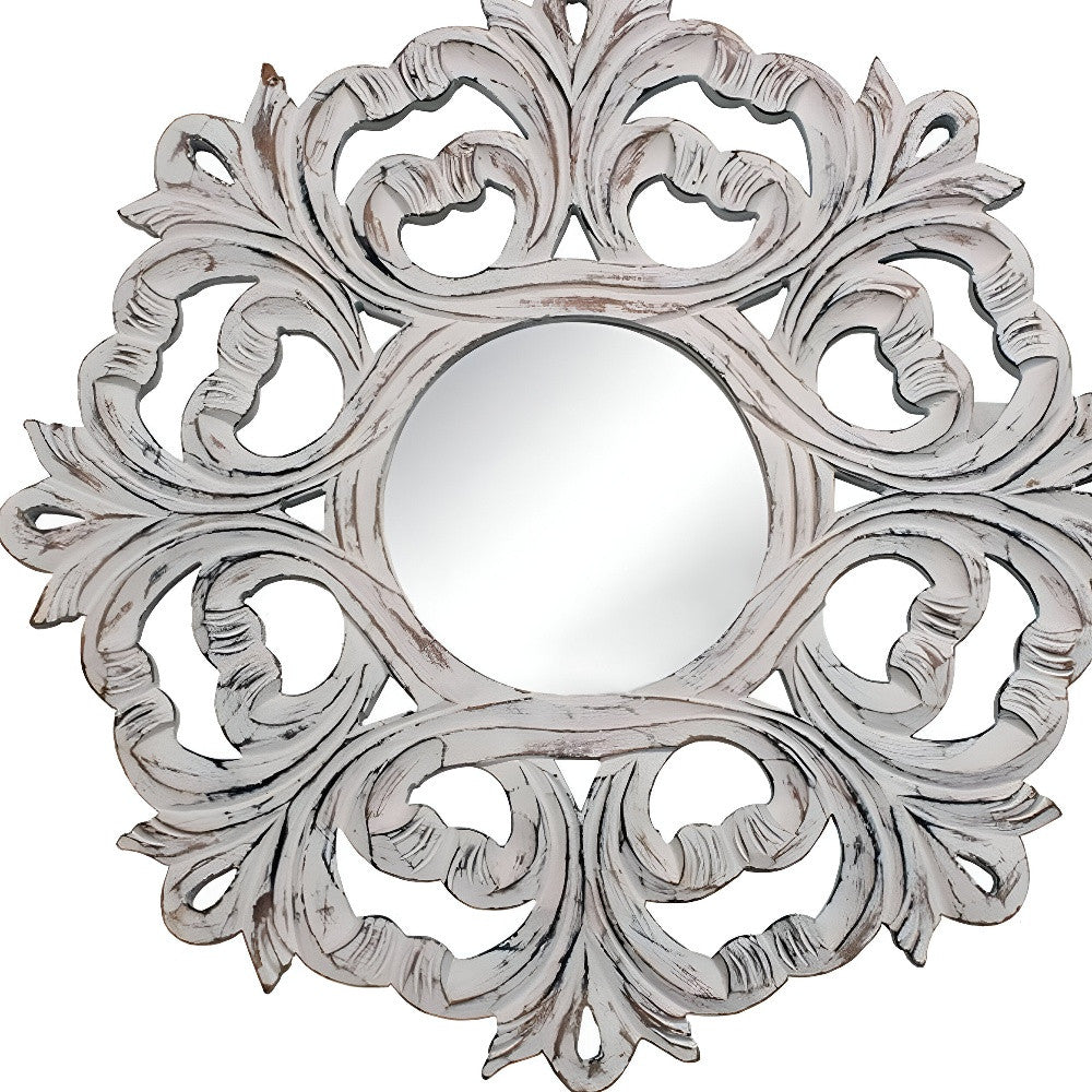 24" White Floral Scrollwork Distressed Round Framed Accent Mirror - Bed & Bath