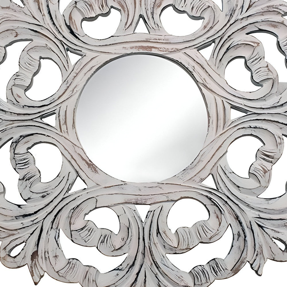 24" White Floral Scrollwork Distressed Round Framed Accent Mirror - Bed & Bath