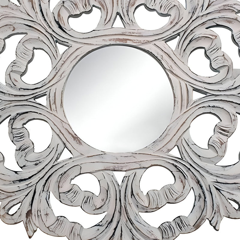 24" White Floral Scrollwork Distressed Round Framed Accent Mirror - Bed & Bath