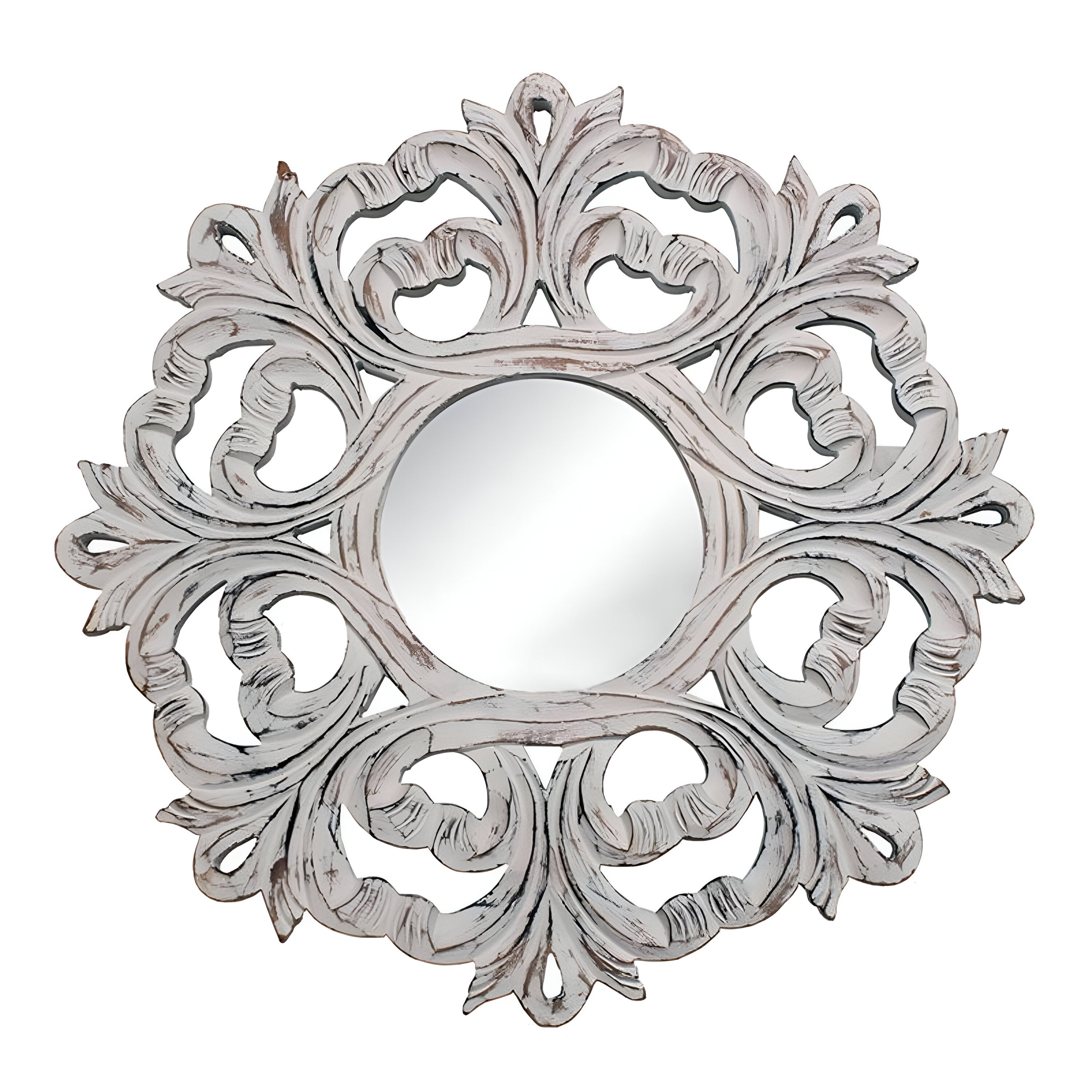 24" White Floral Scrollwork Distressed Round Framed Accent Mirror - Bed & Bath