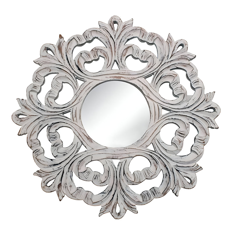24" White Floral Scrollwork Distressed Round Framed Accent Mirror - Bed & Bath