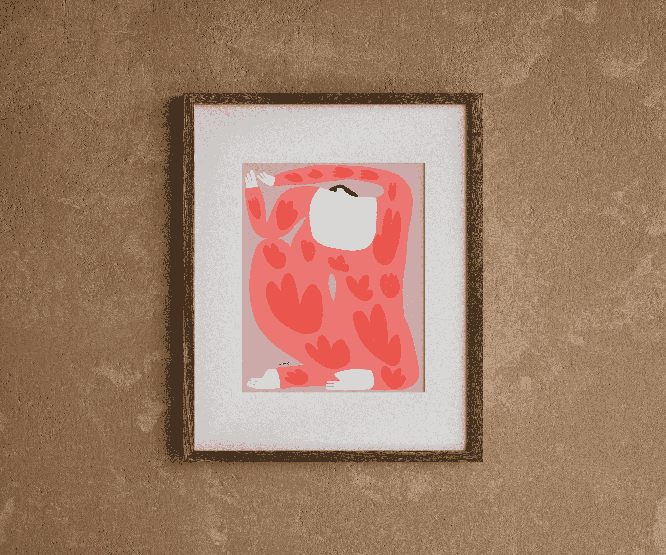 Framed camouflage-style wall art with brown frame and red abstract pattern