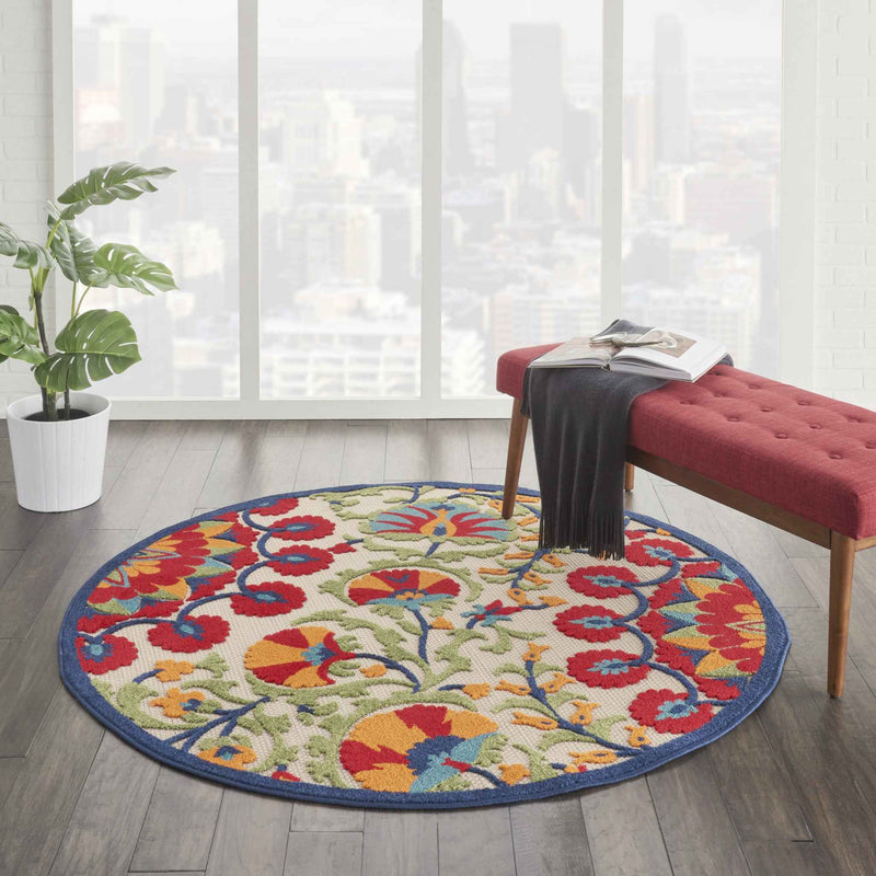 5' Round Red And Ivory Round Floral Indoor Outdoor Area Rug