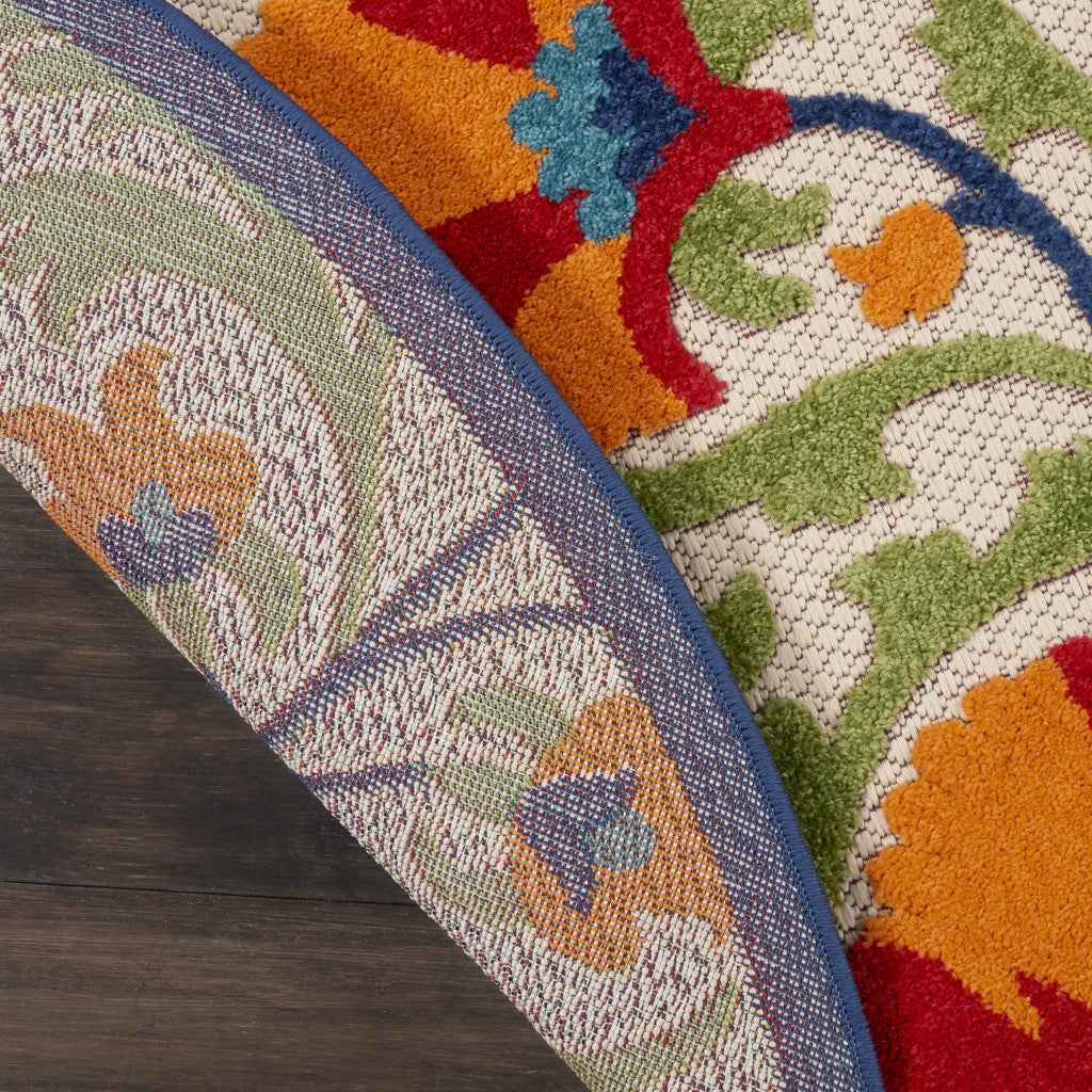 5' Round Red And Ivory Round Floral Indoor Outdoor Area Rug